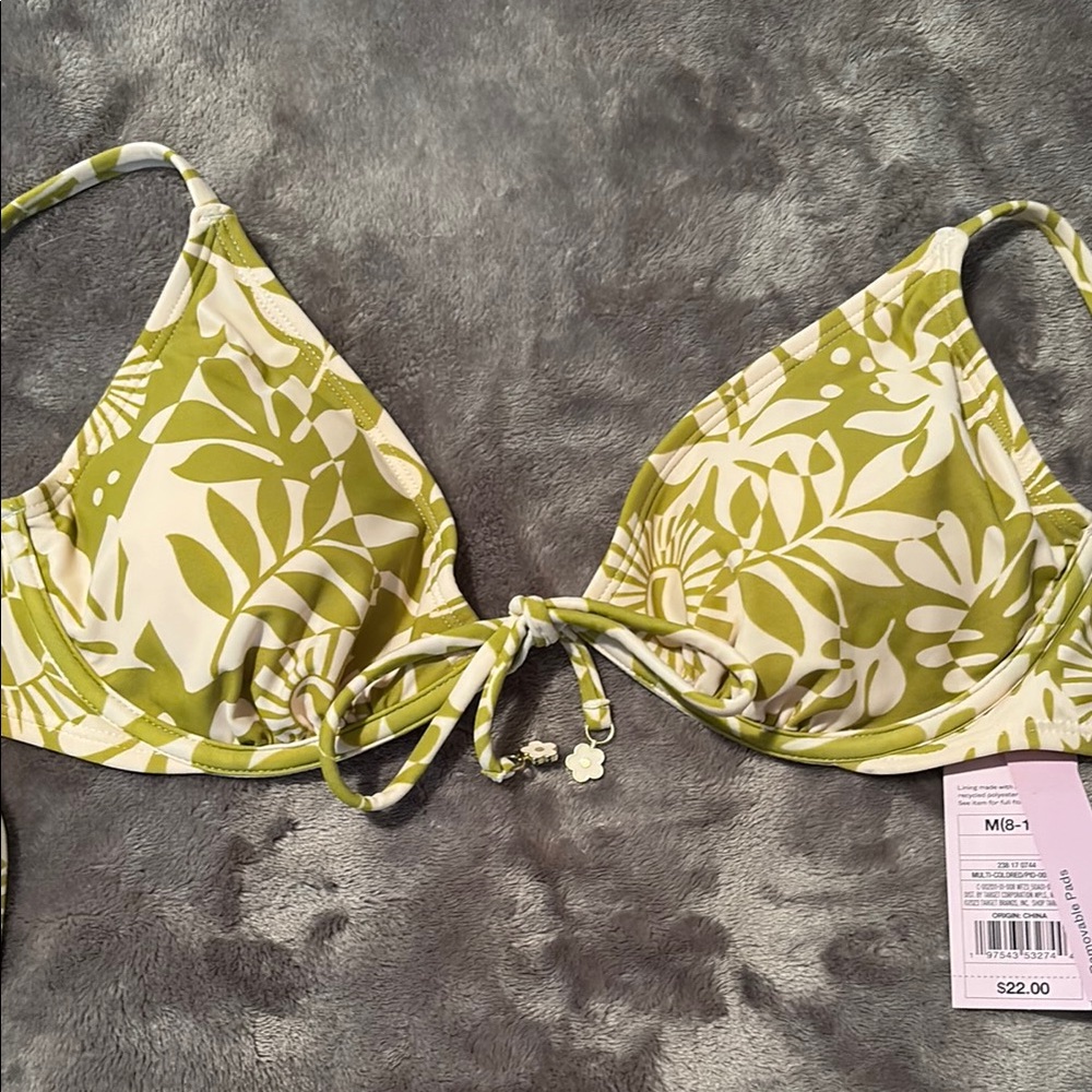 Green and White Leaf Print Bikini Top